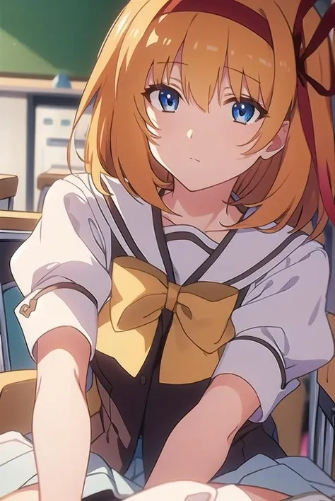 kaedefuyou, <lora:kaedefuyoutest:1>,
kaede fuyou, short hair, orange hair, hair ribbon, hairband, blue eyes,
BREAK skirt, bow, ribbon, school uniform, short sleeves, pleated skirt, serafuku, socks, puffy sleeves, bowtie, puffy short sleeves, black socks, yellow bow, yellow bowtie,
BREAK looking at viewer,
BREAK indoors, classroom, 
BREAK <lora:GoodHands-vanilla:1>, (masterpiece:1.2), best quality, high resolution, unity 8k wallpaper, (illustration:0.8), (beautiful detailed eyes:1.6), extremely detailed face, perfect lighting, extremely detailed CG, (perfect hands, perfect anatomy),