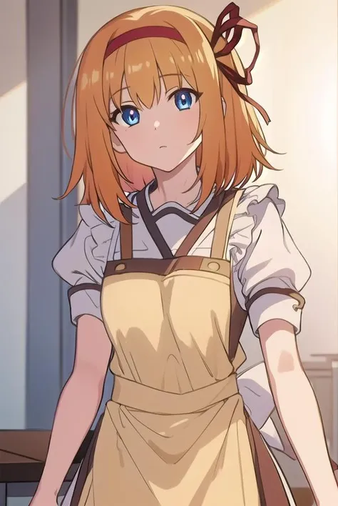 kaedefuyou, <lora:kaedefuyoutest:1>,
kaede fuyou, short hair, orange hair, hair ribbon, hairband, blue eyes,
BREAK dress, short sleeves, puffy sleeves, (apron:1.5), puffy short sleeves,
BREAK looking at viewer,
BREAK indoors, classroom,
BREAK <lora:GoodHands-vanilla:1>, (masterpiece:1.2), best quality, high resolution, unity 8k wallpaper, (illustration:0.8), (beautiful detailed eyes:1.6), extremely detailed face, perfect lighting, extremely detailed CG, (perfect hands, perfect anatomy),
