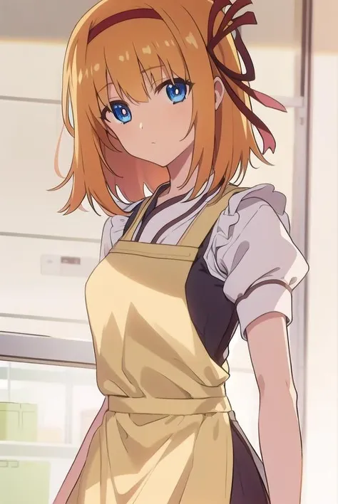 kaedefuyou, <lora:kaedefuyoutest:1>,
kaede fuyou, short hair, orange hair, hair ribbon, hairband, blue eyes,
BREAK dress, short sleeves, puffy sleeves, (apron:1.5), puffy short sleeves,
BREAK looking at viewer,
BREAK indoors, classroom,
BREAK <lora:GoodHands-vanilla:1>, (masterpiece:1.2), best quality, high resolution, unity 8k wallpaper, (illustration:0.8), (beautiful detailed eyes:1.6), extremely detailed face, perfect lighting, extremely detailed CG, (perfect hands, perfect anatomy),
