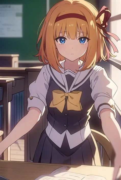 kaedefuyou, <lora:kaedefuyoutest:1>,
kaede fuyou, short hair, orange hair, hair ribbon, hairband, blue eyes,
BREAK skirt, bow, ribbon, school uniform, short sleeves, pleated skirt, serafuku, socks, puffy sleeves, bowtie, puffy short sleeves, black socks, yellow bow, yellow bowtie,
BREAK looking at viewer,
BREAK indoors, classroom,
BREAK <lora:GoodHands-vanilla:1>, (masterpiece:1.2), best quality, high resolution, unity 8k wallpaper, (illustration:0.8), (beautiful detailed eyes:1.6), extremely detailed face, perfect lighting, extremely detailed CG, (perfect hands, perfect anatomy),
