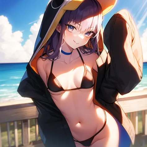 (best quality, masterpiece:1.2), 1girl, hood up, jacket, bikini, looking at view, :p