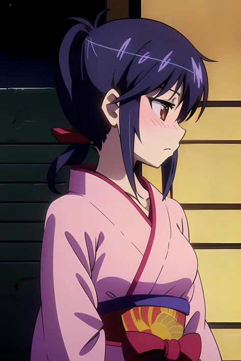 rin misumi, 1girl, solo, japanese clothes, kimono, blush, pink kimono, hair over shoulder, looking away, wall, collarbone, night, outdoors,,  <lora:Rin Misumi:0.7>,  <lora:GoodHands-vanilla:1>,