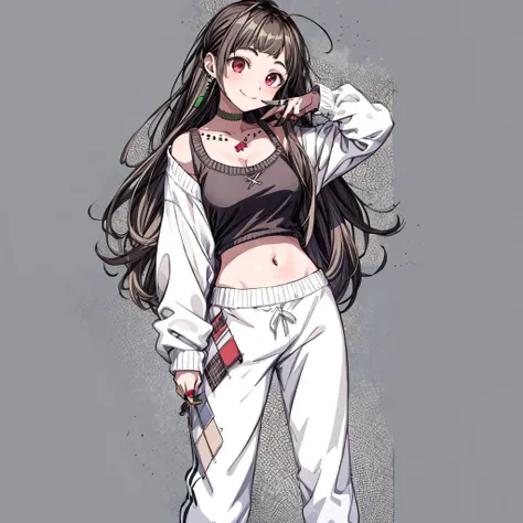 fuma wat,<lyco:fuma wat5:1.0>,1girl, solo, long hair, brown hair, v, double v, white background, smile, full body, black sclera, colored sclera, simple background, breasts, looking at viewer, pants, bangs, choker, sweater, brown eyes, shirt, socks, standing, jewelry, collarbone, blunt bangs, large breasts, white shirt,<lora:flat2:-1>,