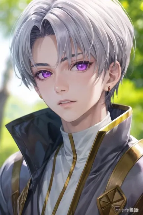 masterpiece, best quality, photorealistic, 1boy, solo, male focus, looking at viewer, , depth of field, <lora:faios_shironeko:0.70>, faios_shironeko, purple eyes, , grey hair, coat,