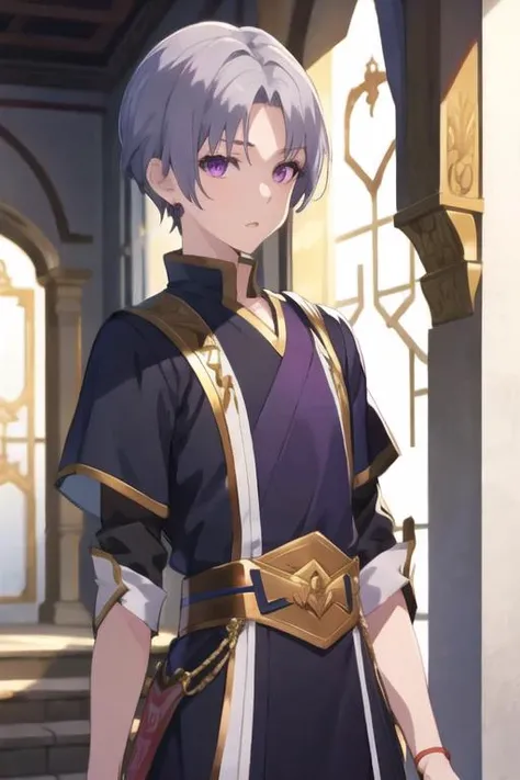 masterpiece, best quality, illustration, 1boy, solo, male focus, looking at viewer, , , <lora:faios_shironeko:0.64>, faios_shironeko, purple eyes, , grey hair, ,