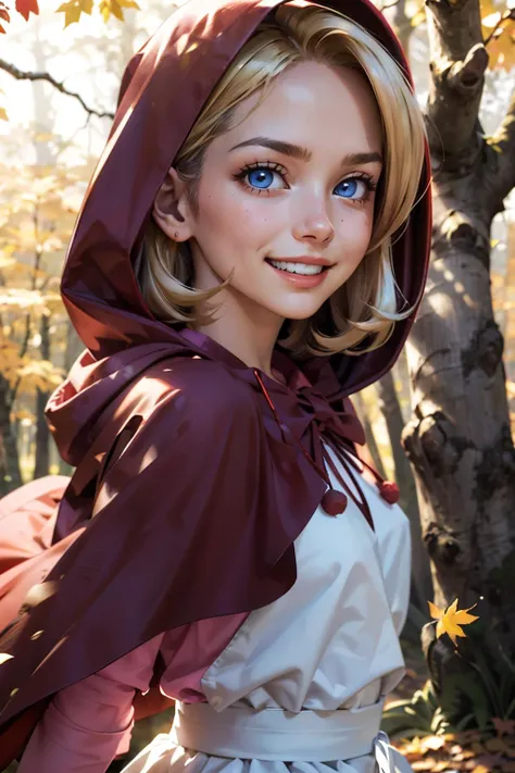 girl, blonde hair, blue eyes, hood, red dress, apron,capelet, looking at viewer, evil grin, close up, outside, forest, autumn, natural lighting, extreme detail, masterpiece, <lora:bbh:.8>