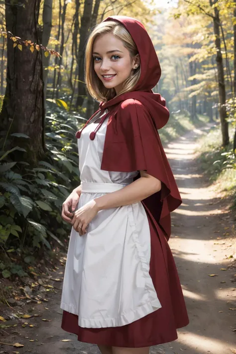 girl, blonde hair, blue eyes, hood, red dress, apron,capelet, looking at viewer, smiling, grin,medium shot,
standing, outside, forest, autumn, dirt path, natural lighting, extreme detail, masterpiece, <lora:bbh:.8>