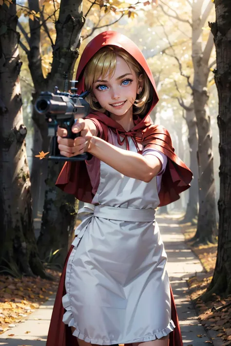 A man holds a flag with a large red triangle,Girl wearing Little Red Riding Hood --auto