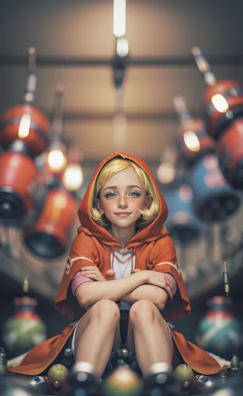 hood on, surrounded by guns,  
weapon, blonde hair, gun, apron, dress, capelet, submachine gun, handgun, (grenades:1.5), bombs, sparkle, skirt, red dress, weapons, arsenal, crates, (bullets:1.4)
petite, focus,, looking at viewer, , leaning, sitting, 
ankymoore,  ( illustration:1.3),
posing,
flat breast, flat chest, straight hair,  looking at viewer,   (masterpiece), , <lora:ankymoore:0.65>
solo, beautiful face,
( bright blond hair:1.5), short hair, (bushy hair:1.4), bangs, white headband,
(dynamic angle:1.2),
[(
,cute smile, smirk,
makeup, heavy red eyeliner, stephanie,
(best quality:1.2), absurdres, , (masterpiece, best quality),  
absurdres,   best quality, face focus, (8k, masterpiece:1.2),
bloom,accent lighting, film grain,
simple background, (blurry background:1.8),  (bokeh:1.3), bunker,
<lora:add_detail:0.2>  <lora:FilmG2:0.6>   ,<lora:lit:0.41>, <lora:stephanie_V2:0.55>
):8]
 <lora:bbh:1>