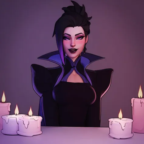 score_9, score_8_up, score_7_up, masterpiece, high quality, BREAK, two-tone hair, black lips, smile, black hair, candle, blush, dress, black bodysuit, open mouth, purple eyes,sfrinzy, solo, 1girl, makeup, nose, nail polish,