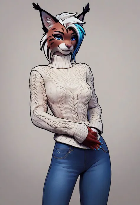 digital_media_(artwork) hi_res, score_9, score_8_up, score_7_up, score_6_up, score_5_up, score_4_up, rating_safe, anthro, furry, female, furry female, detailed textured fur, fur tufts, lynx, slim, slender, small breasts, cute, sweater, denim jeans, multicolor hair, streaked hair, red blue blonde silver hair, blonde fur, detailed blue eyes, smile, solo, SFW, sfrinzy, makeup, nail polish,