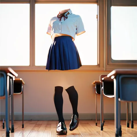 <lora:xl_Invisible person(pony)2:1>,invisible person, 1girl, solo, school uniform, score_9, score_8_up,full body,
school uniform, skirt, black Knee socks, shoes, classroom, short sleeves, blue skirt, loafers, Knee socks,