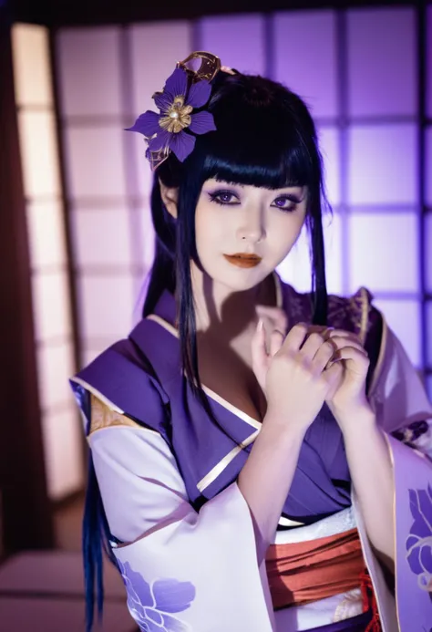 raiden shogun, cosplay, a young woman dressed in a traditional japanese kimono. she has long, dark hair adorned with a purple flower accessory. her bangs are straight and fall just above her forehead. her eyes are a striking shade of purple, and she is gazing directly at the viewer. the kimono she's wearing is predominantly purple with some white and gold accents. she also has on bridal gauntlets that match the color of her kimono. the background is blurry, but it seems to be an indoor setting with a hint of a traditional japanese room, possibly a tatami room.