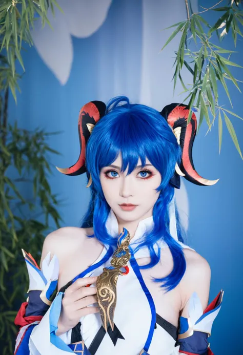 ganyu \(genshin impact\), cosplay, a young woman with striking blue hair, adorned in a detailed cosplay outfit. the character has large, expressive blue eyes and is wearing a white top with blue and red accents. the outfit features a unique design with blue and white patterns, and the character is holding a small, ornate object in their hands. the background consists of bamboo plants, adding a natural touch to the scene. the overall mood of the image is serene and captivating, with the character looking directly at the viewer.