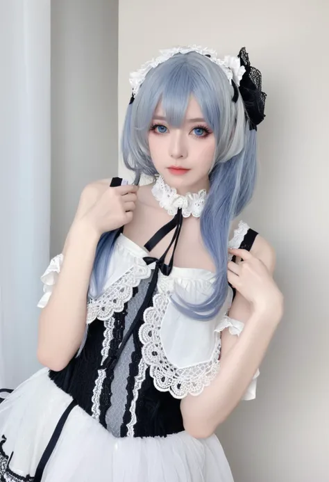 Cosplayer, female, blue-grey hair, anime-inspired makeup, contact lenses, large eyes, lace headband, white and black lace dress, ribbons, pastel tones, portrait, high-resolution, soft lighting, vertical composition, delicate features, youthful appearance, intricate costume, fashion photography, fantasy