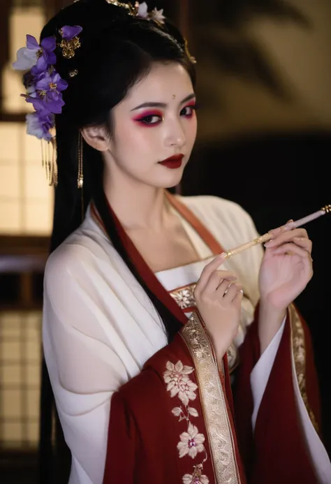 a young woman with long, dark hair. She is adorned with a floral hair ornament that features purple and white flowers. Her makeup is subtle, with a focus on her eyes, which are accentuated with red eyeshadow. Her lips are painted a deep shade of red. She is wearing a white garment with intricate gold embroidery, and she holds a black, slender object, possibly a brush or a pen, in her hand. The lighting in the image is soft, casting a gentle glow on her face, and the background is blurred, emphasizing her as the main subject.