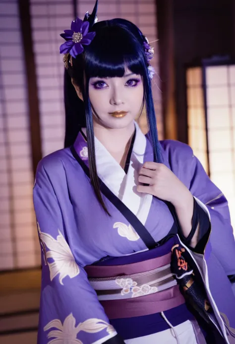 raiden shogun, cosplay, a young woman dressed in a traditional japanese kimono. she has long, dark hair adorned with a purple flower accessory. her bangs are straight and fall just above her forehead. her eyes are a striking shade of purple, and she is gazing directly at the viewer. the kimono she's wearing is predominantly purple with some white and gold accents. she also has on bridal gauntlets that match the color of her kimono. the background is blurry, but it seems to be an indoor setting with a hint of a traditional japanese room, possibly a tatami room.