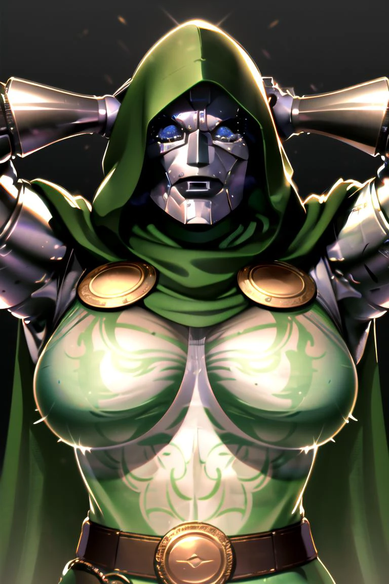 (upper body:1.3), arms behind head, best quality, masterpiece, mask, hood, cape, belt, armor, cloak, gauntlets, (bra visible through clothes:1.5), (3d:1.1), (realistic:1.5), detailed face, detailed eyes, beautiful, <lora:DoctorDoomLoRA:1> <lora:bra_visible_through_clothes:0.8>