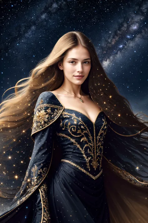((best quality)), ((masterpiece)), (detailed),4k, portrait, beautiful woman, long hair, flowing hair, small smile,starry sky, shooting stars,, black background, <lora:hair_with_scenery:1>