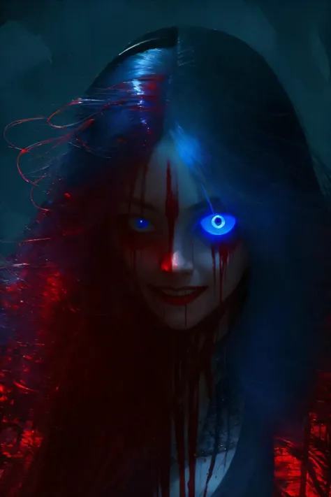 ((best quality)), ((masterpiece)), (detailed),4k, creepy woman, scary smile, glowing eyes, blue eyes, long hair, floating hair, blood moon, <lora:Horror:0.8>, <lora:hair_with_scenery:0.9>