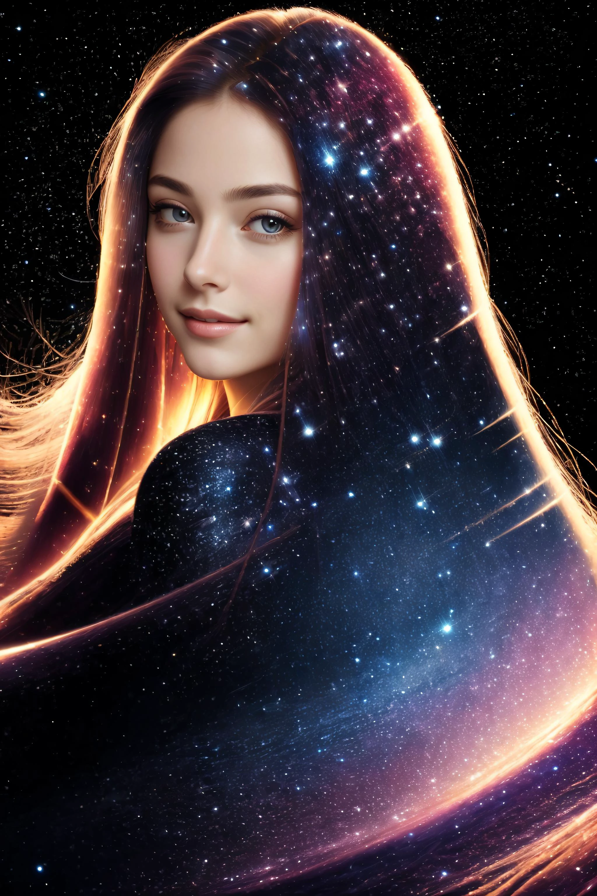 ((best quality)), ((masterpiece)), (detailed),4k, portrait, beautiful woman, long hair, flowing hair, small smile,galaxy, black background, <lora:hair_with_scenery:1>