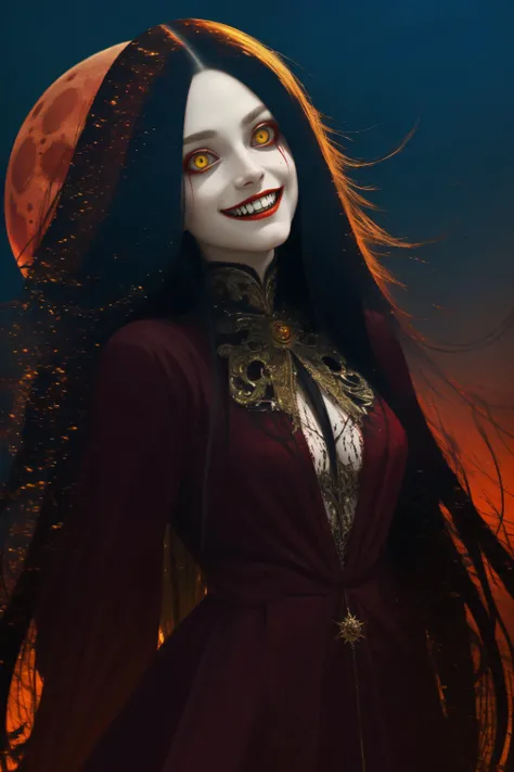 ((best quality)), ((masterpiece)), (highly detailed), creepy woman, long hair, floating hair, yellow eyes, creepy smile, fangs, wide eyes, blood moon, <lora:Horror:0.7> , <lora:hair_with_scenery:0.9>