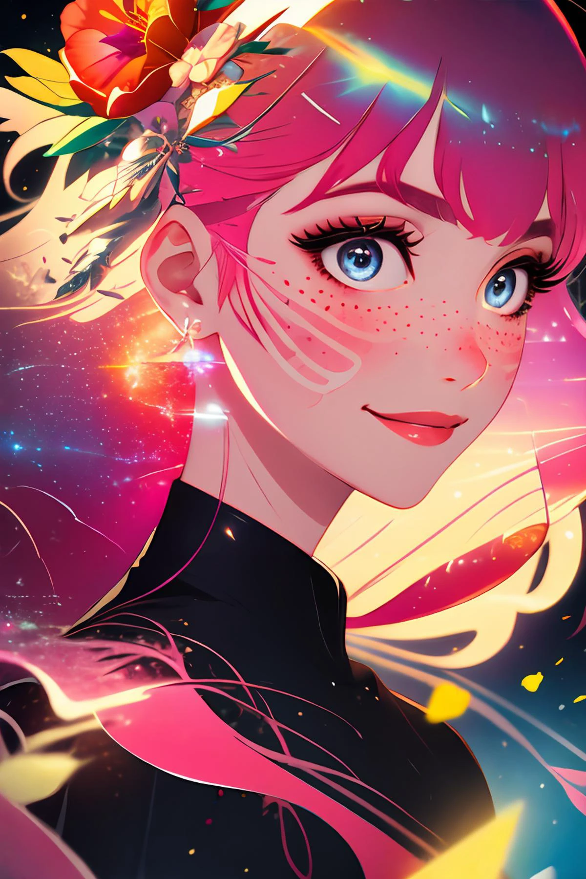 best quality, masterpiece, high quality, highres, incredibly detailed, absurdres, fine texture, 4K, 8K, UHD,
1girl, Belle, \(ryu to sobakasu no hime\), <lora:BelleV2:0.6>, detailed beautiful face, detailed beautiful blue eyes, intricate iris, multi colored eyes, beautiful detailed eyes, <lora:beautifulDetailedEyes_v10:1>, freckles, facial marks, makeup, blush, beautiful long hair, very long hair, (pink hair:1.4), transparent hair, multicolored hair, shiny hair, bangs, smiling, mature female, looking at viewer,
red_dress, hibiscus, flowers, red_flower, universe as dress, jewelry, earrings, hairband, hair ornament, flowers, petals,
starry sky, galaxy, nebula, celestial and deep space, cyberspace, sun, detailed background, fantasy, sci-fi, <lora:hair_with_scenery:0.8>,
cinematic lighting, dynamic lighting, ray tracing, lens flare, realistic, crisp detail, crisp edges, rich color, sharp contrast, digital painting, subtle shadows, complex shading, depth of field, film grain,