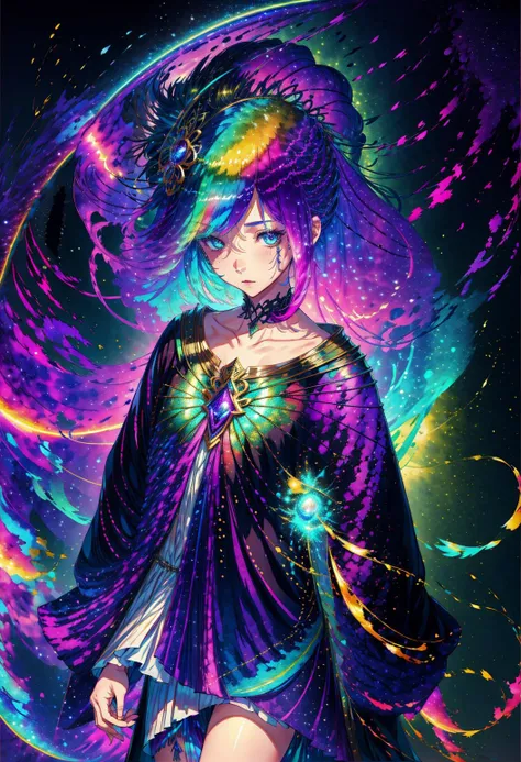 1girl,a fantasy creature,(rainbow hair:1.3),(short white hair:0.6),(humble clothes:1.1),Broken clothes,Star Spirit,surrealism,masterpiece,(Control of color:1.2),solo,looking at viewer,ultra detailed,(8k, RAW photo, best quality, masterpiece:1.2),Difference,Exquisite face,(Night:1.2),Moonlight,in the field,
<lora:add_detail:0.8>,<lora:RainbowHairV1:0.8>,
<lora:hair_with_scenery:0.7>,dreamy,
<lora:kVoidEnergy:1>,