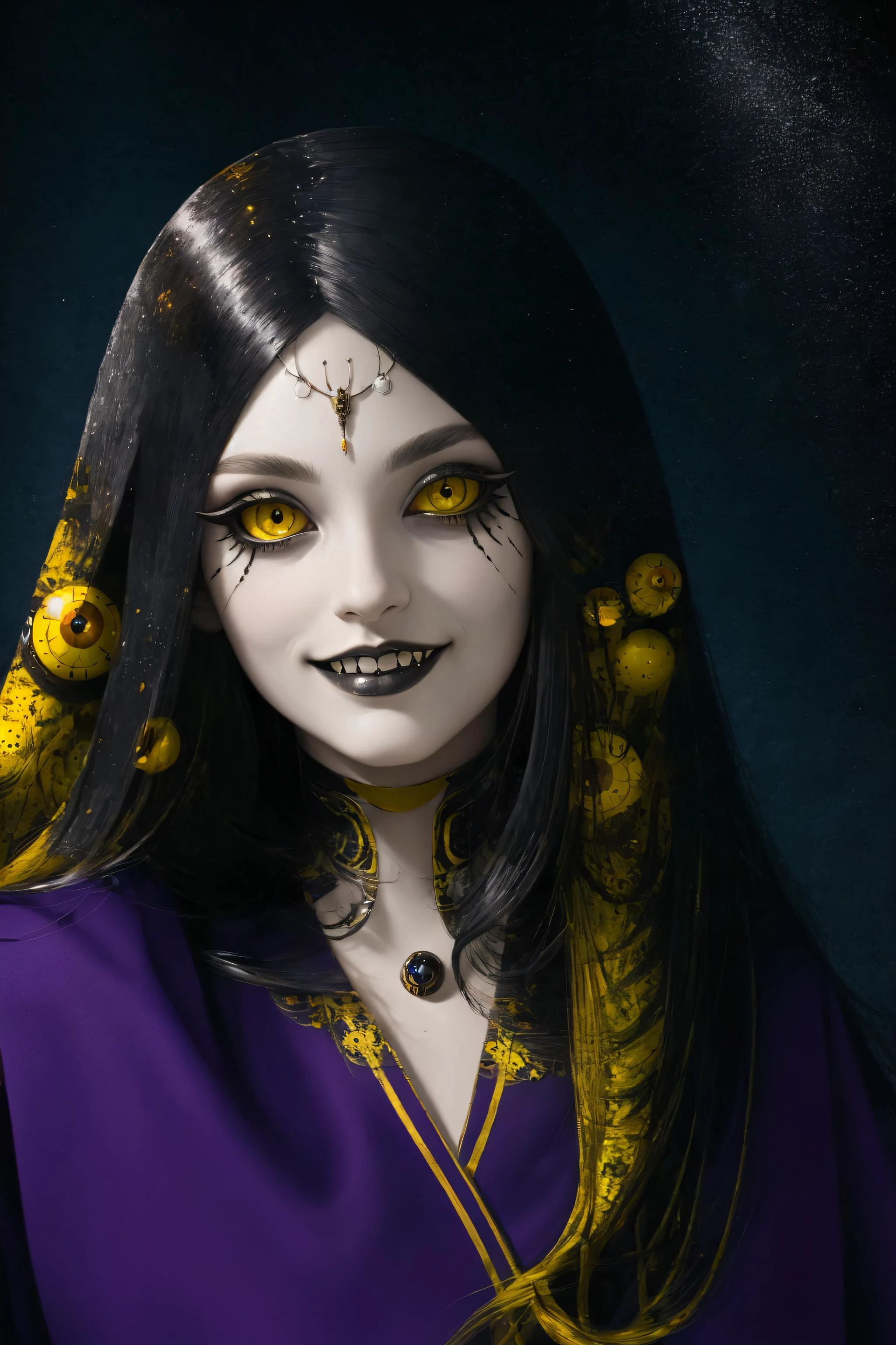 ((best quality)), ((masterpiece)), (highly detailed), creepy woman, long hair, floating hair, yellow eyes, creepy smile, fangs, wide eyes, ((eyeliner)), galaxy, <lora:Horror:0.8> , <lora:hair_with_scenery:0.8>