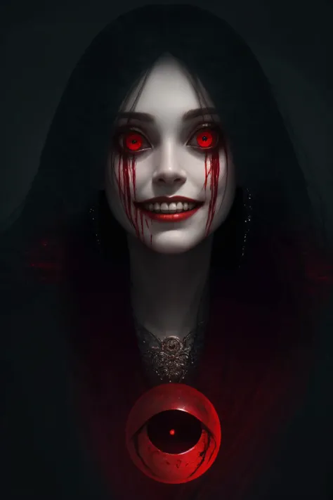 ((best quality)), ((masterpiece)), (detailed),4k, beautiful woman, creepy smile, teeth, wide eyes, glowing eyes, red eyes, blood moon, long hair, flowing hair, <lora:Horror:0.8> , <lora:hair_with_scenery:0.9>, scary, creepy, dark