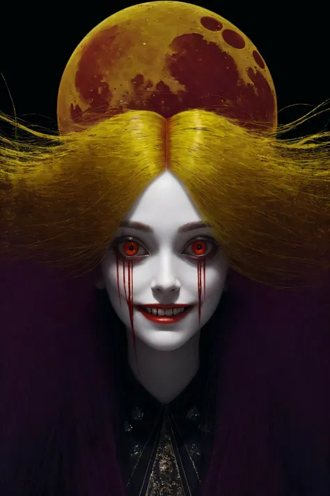((best quality)), ((masterpiece)), (highly detailed), creepy woman, long hair, floating hair, yellow hair, creepy smile, fangs, wide eyes, blood moon, <lora:Horror:0.8> , <lora:hair_with_scenery:0.8>