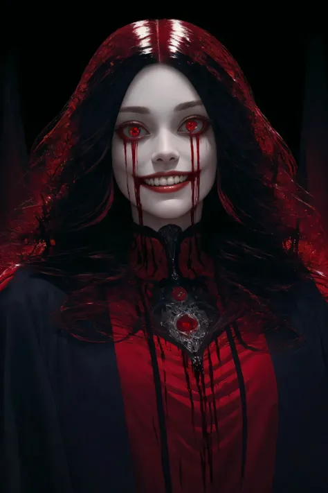 ((best quality)), ((masterpiece)), (detailed),4k, beautiful woman, creepy smile, teeth, wide eyes, glowing eyes, red eyes, blood moon, long hair, flowing hair, <lora:Horror:0.8> , <lora:hair_with_scenery:0.9>, scary, creepy, dark
