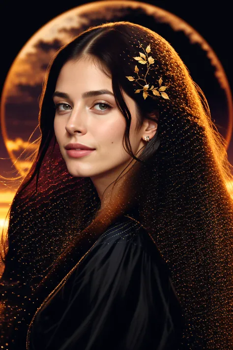 ((best quality)), ((masterpiece)), (detailed),4k, portrait, beautiful woman, long hair, flowing hair, small smile,sunset, ((black background)), <lora:hair_with_scenery:1>