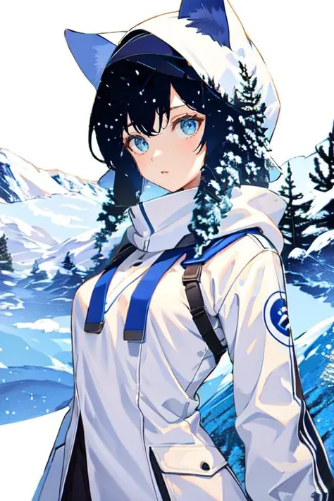 1girl, white background, upper body, snow, <lora:hair_with_scenery:1.2>