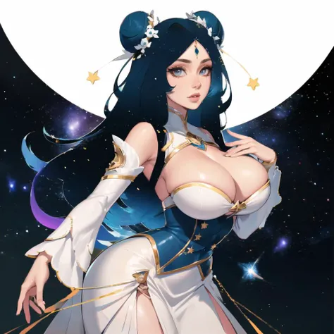 (mature female:1.2),(masterpiece, best quality, high quality, highres), ((gorgeous)), ultra-detailed, (beautiful detailed face and eyes and hair:1.2), perfect eyes, 8k, professional light, perfect face, beautiful detailed face, intricate details, looking at viewer, solo, Extremely beautiful, (large breast:1.1), perfect, puffy detached sleeves, frilled skirt, double bun, star hair ornament, blue orbs, cowboy shot, stars, galaxy, blue energy, space, goddess, <lora:hair_with_scenery:1>, starry sky, long hair, simple background, white background,