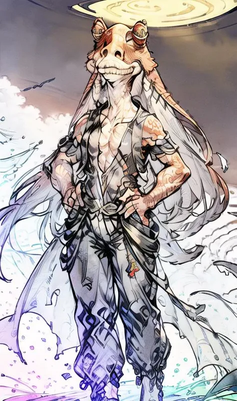 jar jar binks, iridescent, (various colors:1.3), 1girl, looking at viewer, choppy bob, valley, hands-on-hips, gypsy costume, <lora:jarJarBinksGunganStar_v3:0.6> <lora:RainbowLinesStyle_v2:1.1>