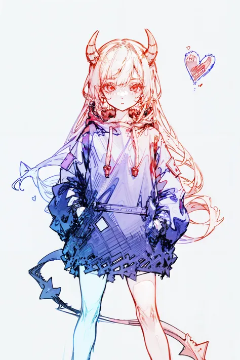 absurdres, 1girl, red eyes, long hair, wide-eyed, eyelashes, looking at viewer, concept art, hoodie, demon horns, white background, hands in pockets, sketch, demon tail, cover, posing, heart, <lora:彩线2:1>