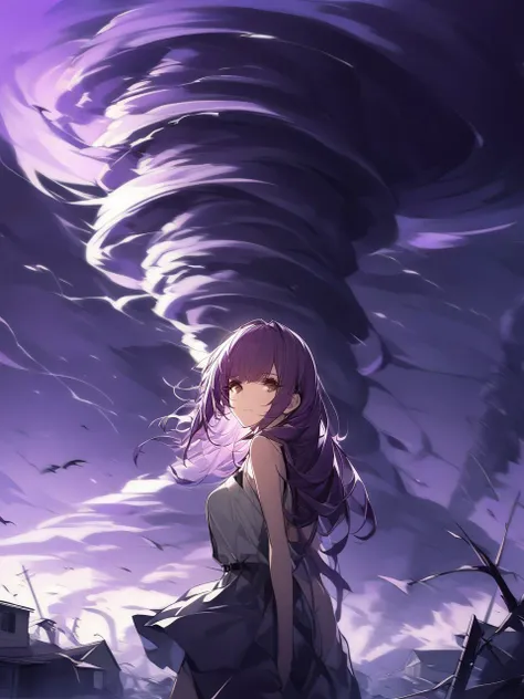 1girl, looking at viewer, light smile, purple hair, light brown eyes, grey stringer, tornadoes, <lora:kincora_XL_style_v01.10.02:1>