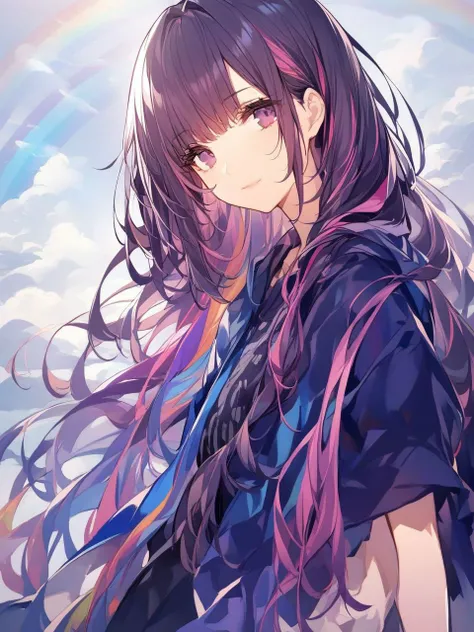 1girl, looking at viewer, light smile, rainbow hair, dark purple eyes, blue poncho, cloudy, <lora:kincora_XL_style_v01.10.02:1>