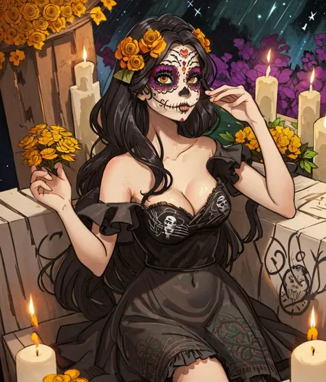 masterpiece, curvy, a beautiful woman sitting on a gravestone, catrina makeup, long big wavy inky black hair, marigolds, black frilly lacy goth dress, marigold flower crown, graveyard, magical, dreamy, mysterious, starry night sky, melted candles, alphonse mucha, \sugar skull themed\, <lora:CatrinaMakeUp_Concept-10:1>