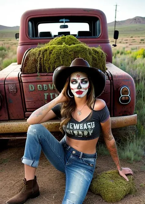 catrinamakeup, a woman wearing a cowboy hat and jeans sitting on an old rusty ford truck, dirt road, sagebrush, weeds, dust, day, daylight, photograph, realistic, photorealistic, posing, rusty, moss, faded paint