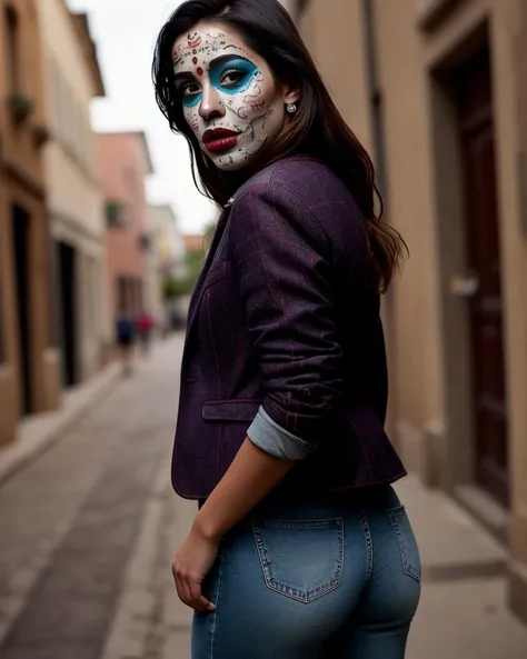 Photograph of a young Mexican woman, masterpiece, jeans jacket, white shirt, best quality, CatrinaMakeUp, Makeup by CatrinaMakeUp, <lora:CatrinaMakeUp_Concept-10:0.9>, highly detailed facial features, ((dark street in the background)), dusk, dark, highly detailed environment, spectacular lighting, dslr, ultra quality, sharp focus, tack sharp, dof, film grain,centered, Fujifilm XT3, crystal clear