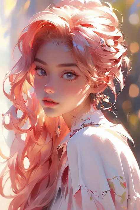 High resolution, highest quality, Wearing a gorgeous dress,Big bright eyes, Bright and vibrant pink hair, Rosy Cheeks, Soft Light, Very detailed,Beautiful, gentle and bright expression, shiny silky hair, Gorgeous floral hair ornament
