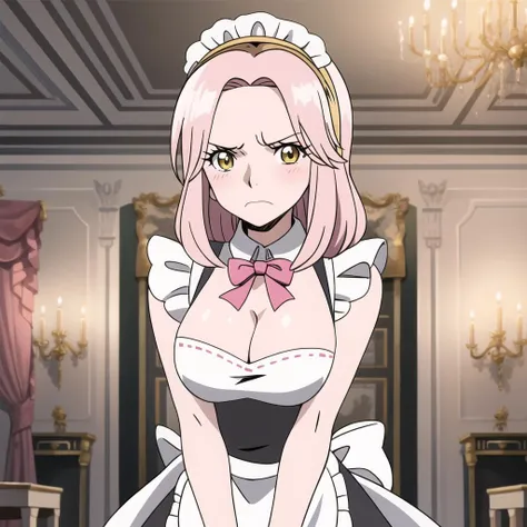 (masterpiece), (best quality), kaya_onepiece, 1girl, (pink hair), yellow eyes, maid headdress, maid, maid apron, frown, cleavage, large breasts, breasts, indoors, mansion, painting \(object\), candelabra