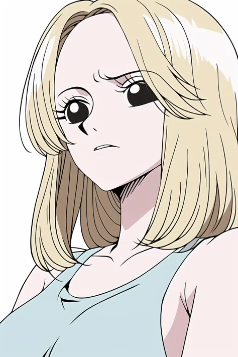 (masterpiece), (best quality), kaya_onepiece, 1girl, solo, long hair, blonde hair, simple background, white background, bare shoulders, collarbone, parted lips, black eyes, tank to