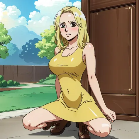 <lora:THEPIT:0.65> <lora:artkoikoi_kaya_onepiece:0.95> thepit, (masterpiece), (best quality), kaya_onepiece, 1girl, solo, full body, blonde hair, black eyes, dress, boots, brown footwear, yellow dress, surprised, wide-eyed, blushing, peeking, looking at viewer