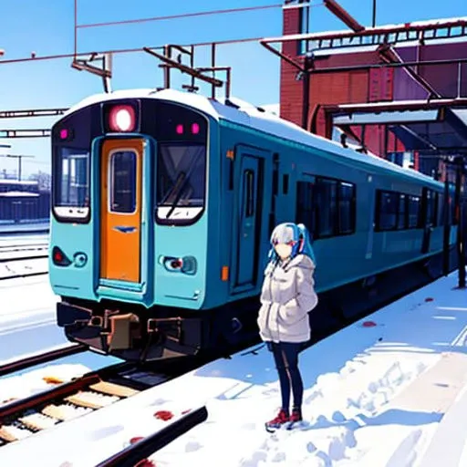 masterpiece, best quality, 8k wallpaper, hatsune miku, upper body, solo, 1girl, eki platform, no humans, scenery, outdoors, railroad tracks, cloud, sky, moon, snow,