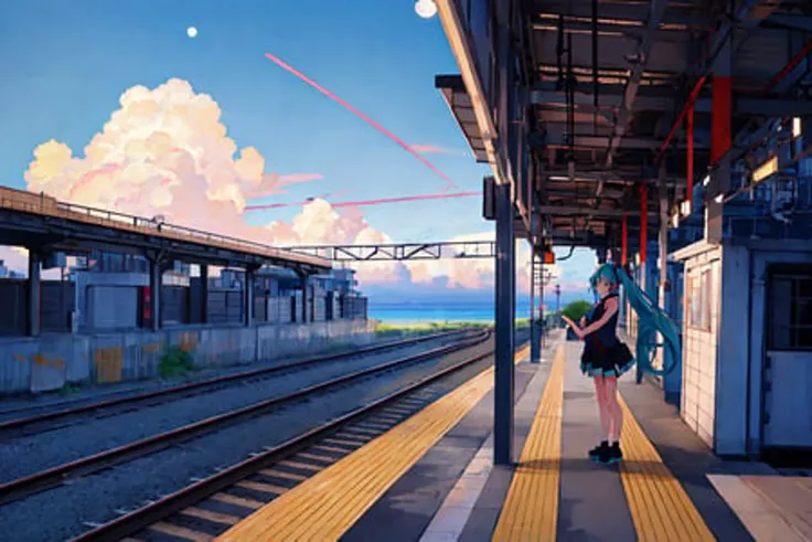 masterpiece, best quality, 8k wallpaper, hatsune miku, cute pose, solo, 1girl, eki platform, railroad tracks, outdoors, cloud, sky, moon, ocean, looking at viewer