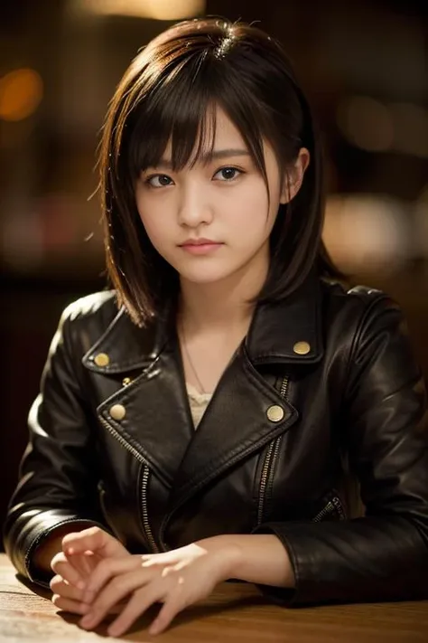 Best quality, masterpiece, ultra high res, (photorealistic:1.4), raw photo,<lora:0gwSak1:1> ,S4k1Ogw4, closeup, in coffeeshop, deep shadow, dark theme, sitting down,  leather jacket