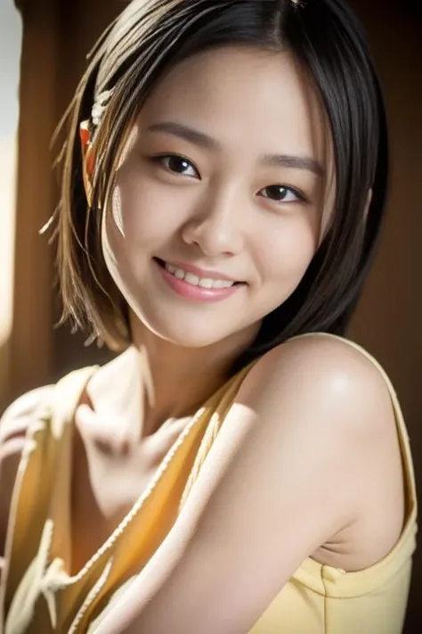 masterpiece,best quality,(Japanese ),((Beautiful girl)),cleavage,indoor,(perfect body beauty:1.2),(shy smile),beautiful teeth,